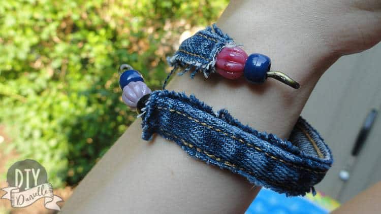 Easy denim bracelet made from upcycled materials that you can find around your house!