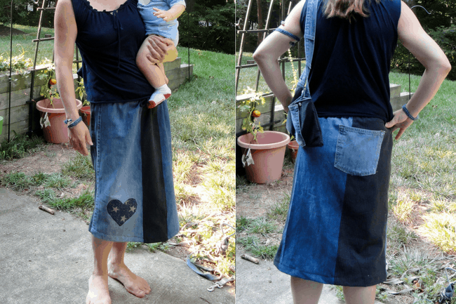 Front and back view of a jean skirt made from old jeans.