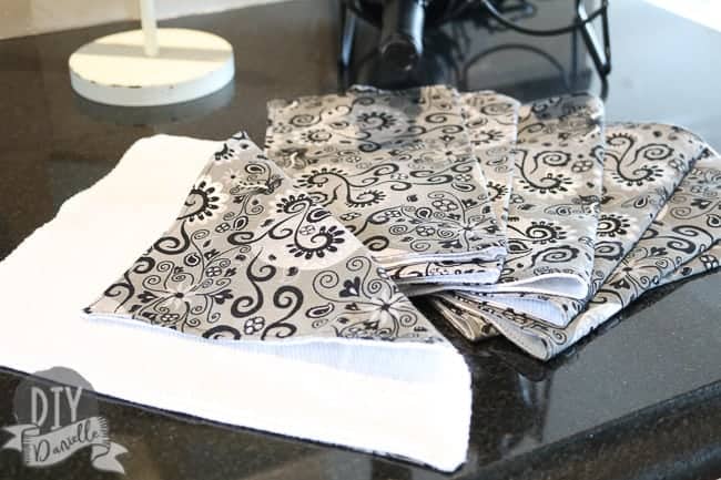 Handmade unpaper towels to be used in the kitchen as an alternative to paper towels.