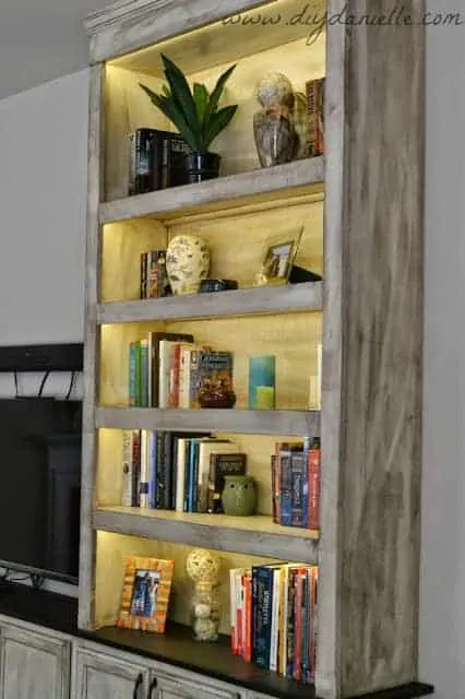 Close up of our lighted built-in bookshelves.