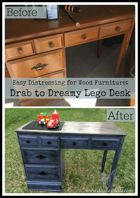 Before vs. After DIY Lego Desk: How I distressed an old desk for my son's room.