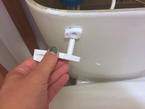 Removing a broken toilet handle for repair. This unscrews very easily by hand.