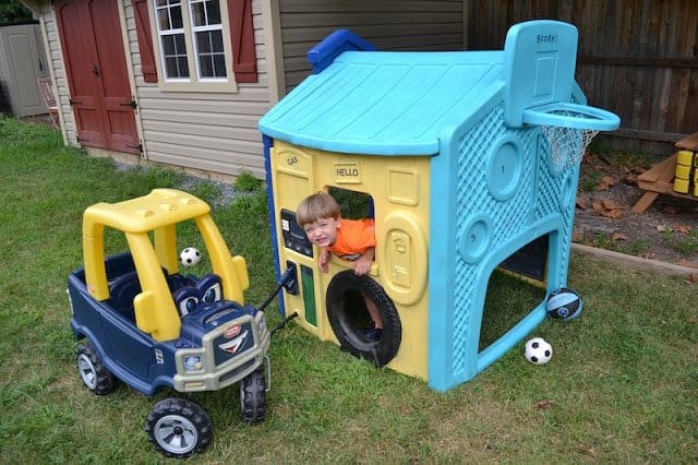 Gas station area of a plastic playhouse.