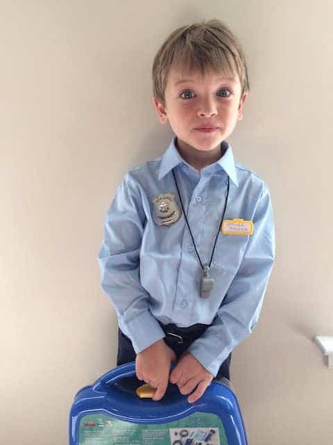 Tip for Keeping Halloween Simple and Easy: Finish your costumes EARLY. This easy DIY police officer costume was done in September. #ad #Treats4All #CollectiveBias