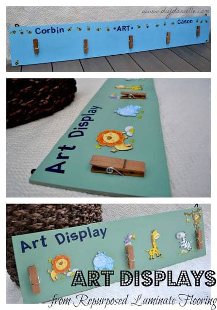 How to make a decorated art display from upcycled laminate flooring. This is a great way to repurpose leftover laminate flooring, even if the flooring was damaged.