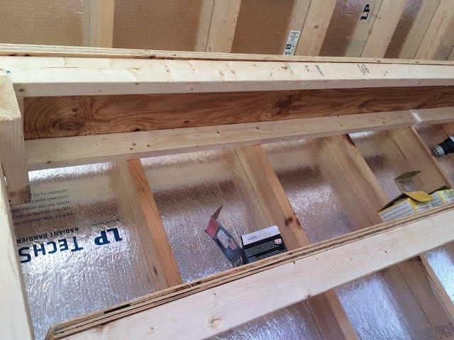 How to build shed shelving: Photo of the shelving from underneath. #woodworking #storage #organization