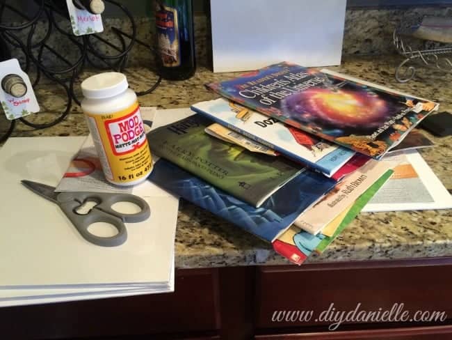 Supplies for making fabulous wall art from dust jackets of children's books!