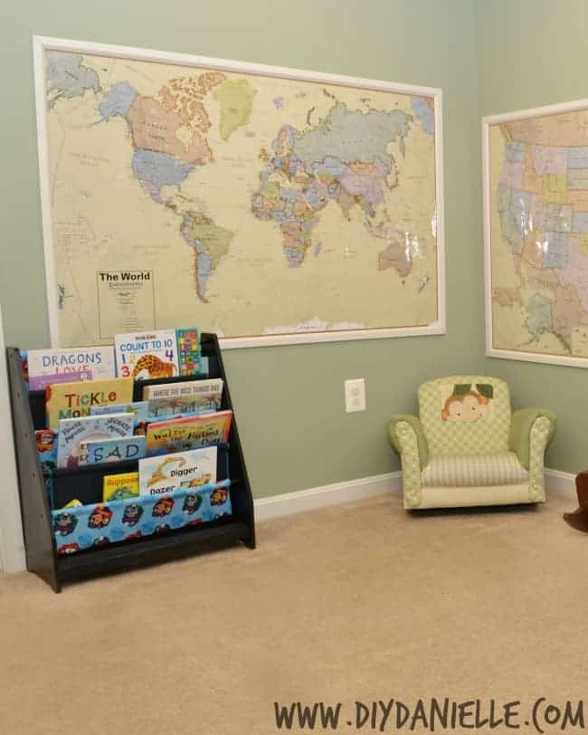 How to frame large maps for wall decoration in a home school area of a basement playroom.