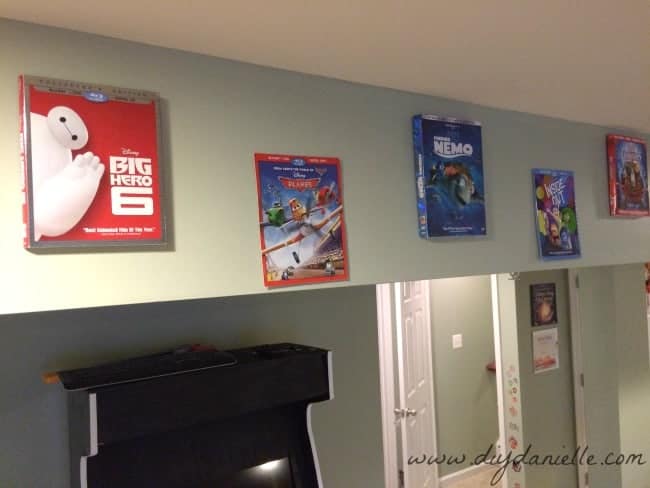 DVD cases as decorations in our playroom.