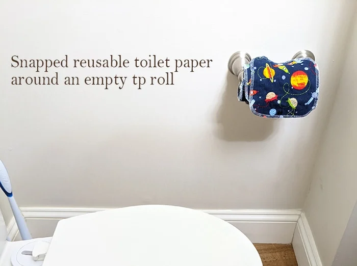 Family cloth rolled around an empty toilet paper roll.