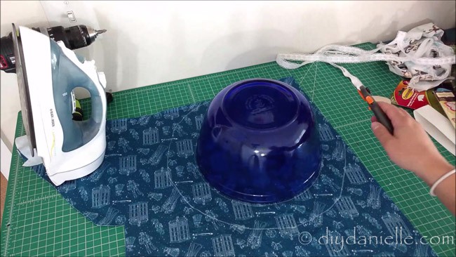 Tracing a bowl onto PUL fabric to make an easy alternative to plastic wrap- a fitted bowl cover.