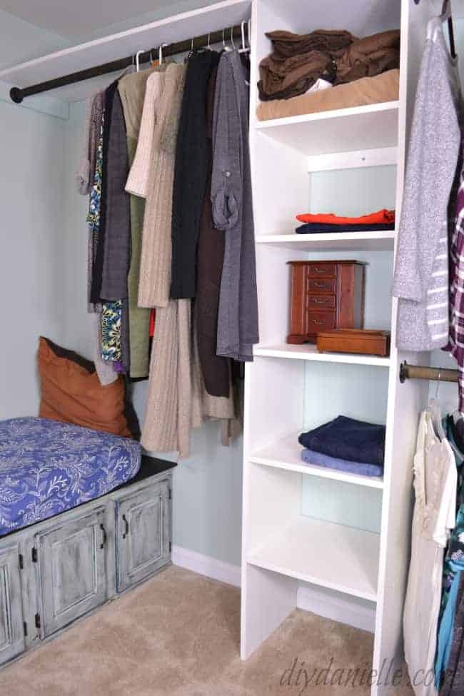 closet organization shelves: In this closet I used veneer edges and painted them white.