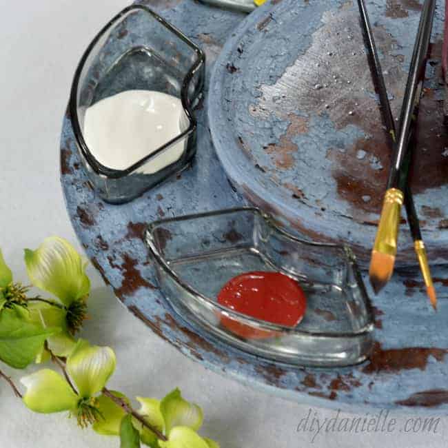 Thrift store lazy susan, painted with Old Fashioned Milk Paint and left chippy.