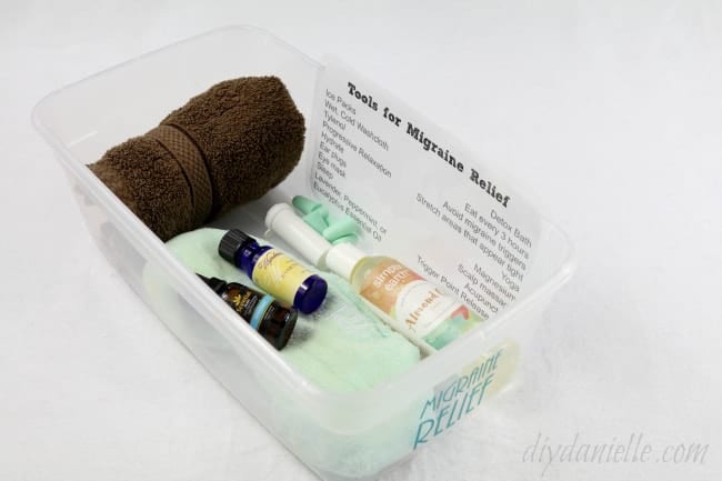 A migraine relief kit that I store in my bathroom closet so I can have easy access to options for treating migraines naturally.