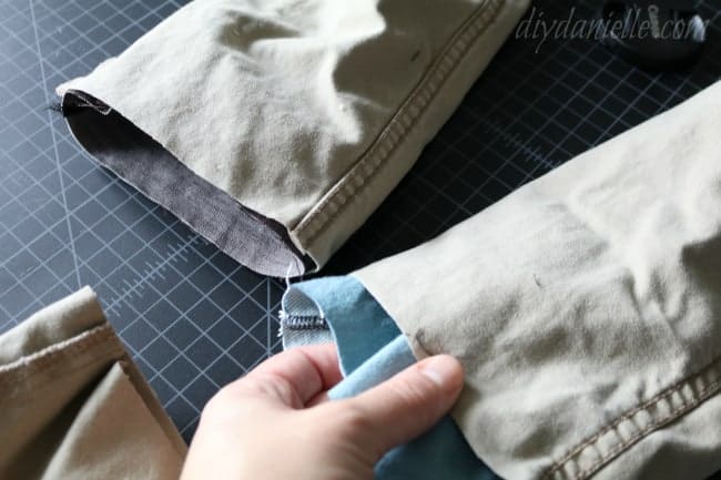 Insert your patch right sides out into the pants (which should be wrong sides out).