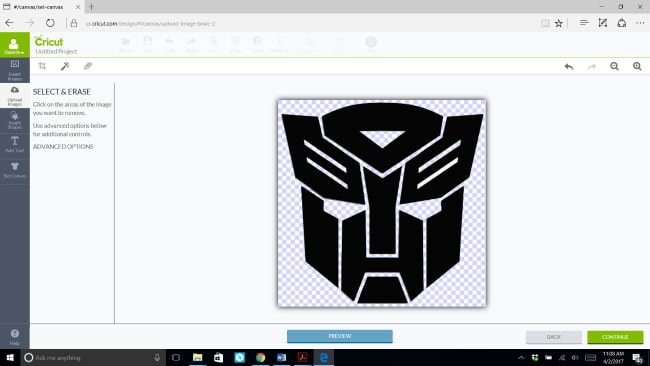 Erasing background on an uploaded image in Cricut Design Studio