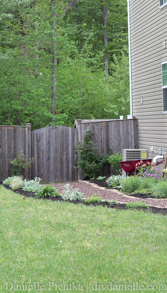 Larger view of the garden and path leading to the fenced backyard.