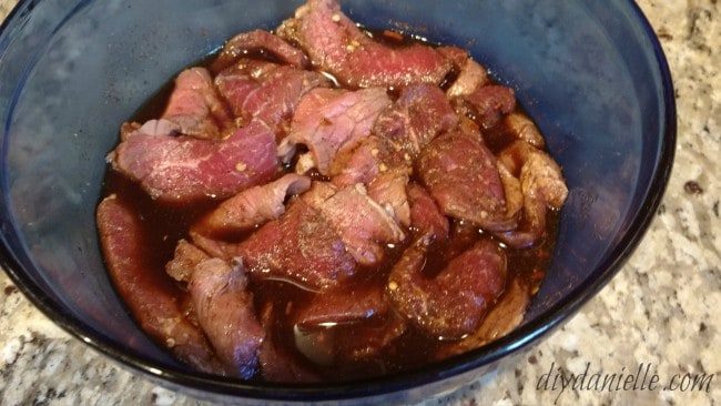 Marinating beef for jerky.