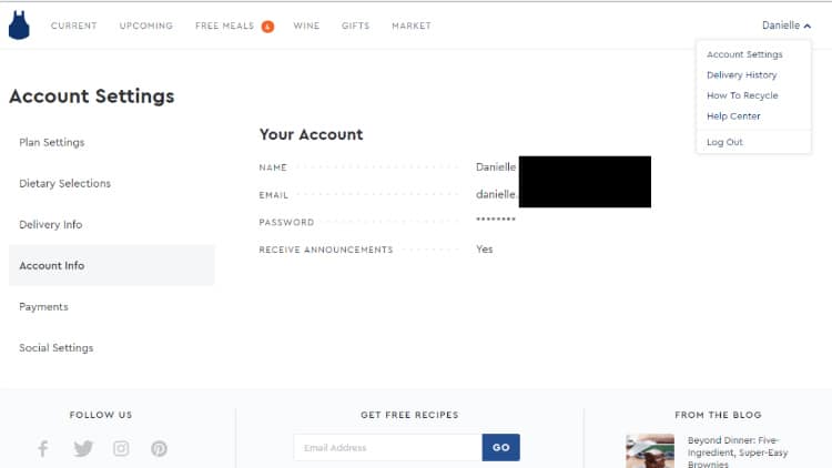 Account settings menu on Blue Apron