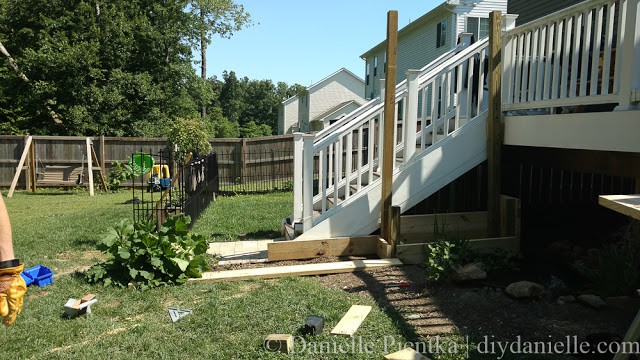 Beginning of the privacy planters: Initial base set in place next to the deck stairs.