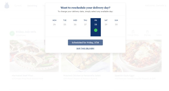 Blue Apron allows you to skip deliveries each week or change the day of delivery.