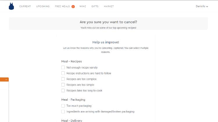 Giving Blue Apron feedback on the reason for cancellation.