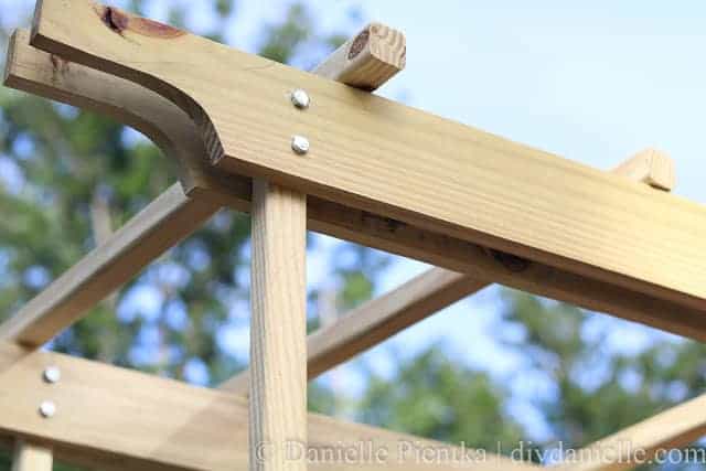 Trellis across the top of the garden arbor.