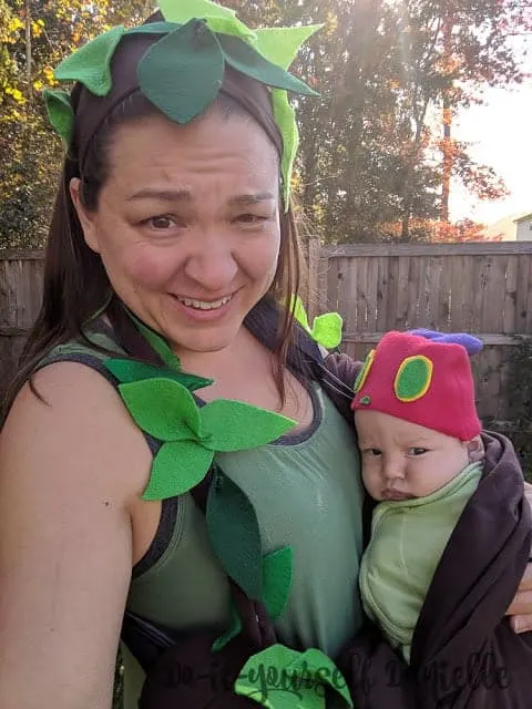 Awesome Halloween costume idea for a baby and mom: Hungry Caterpillar in a cocoon on a tree.