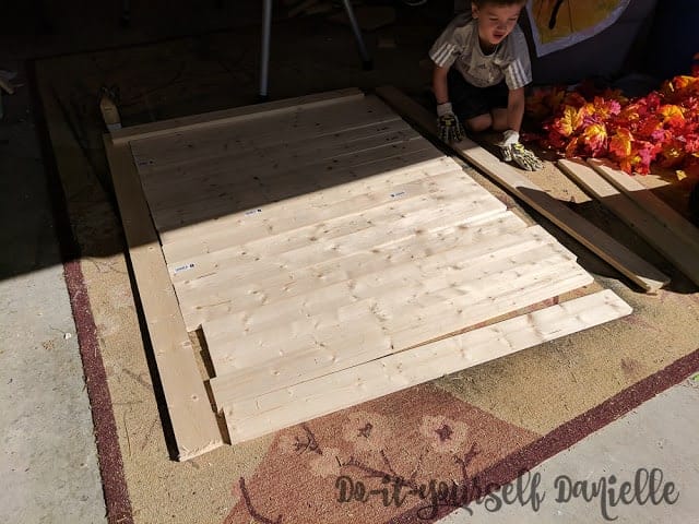 11 pine boards cut up for a photo backdrop.