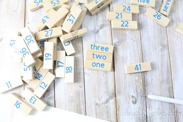 Jenga blocks with numbers for a Questions Jenga Game.