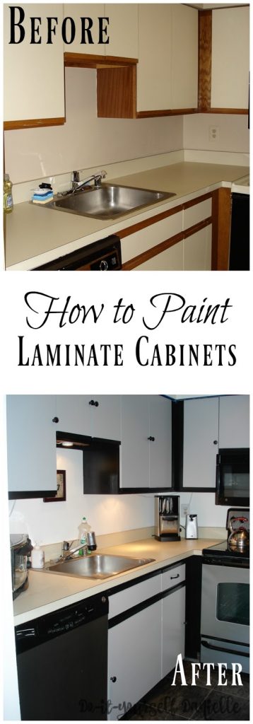 Affordable small kitchen update with paint, primer, and new cabinet hardware for laminate cabinets.