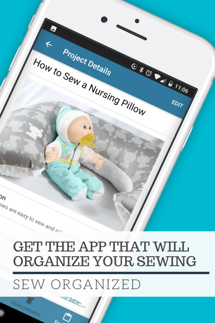 Get the app that will organize your sewing, Sew Organized. Photo of the sewing app on a phone.
