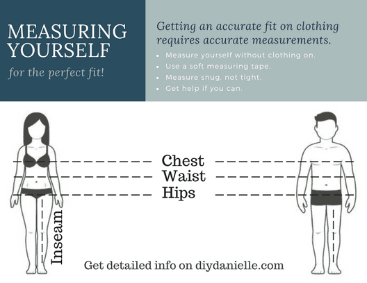 Easy graphic for how to measure yourself. Measure your hips around the fullest part of your butt, your chest around the fullest part of your chest, your waist at the smallest part of your midsection, and your inseam is measured from your crotch to where you want your pants hemmed.
