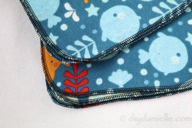 Serger stitching on flannel wipes.