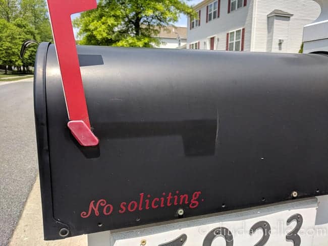 No soliciting sign on the mailbox, meant to keep vendors from leaving pamphlets.