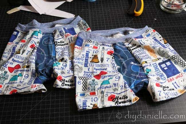 Doctor Who boxer briefs with a knit waistband and no fly. This easy boys boxer briefs pattern is great for using small knit scraps.