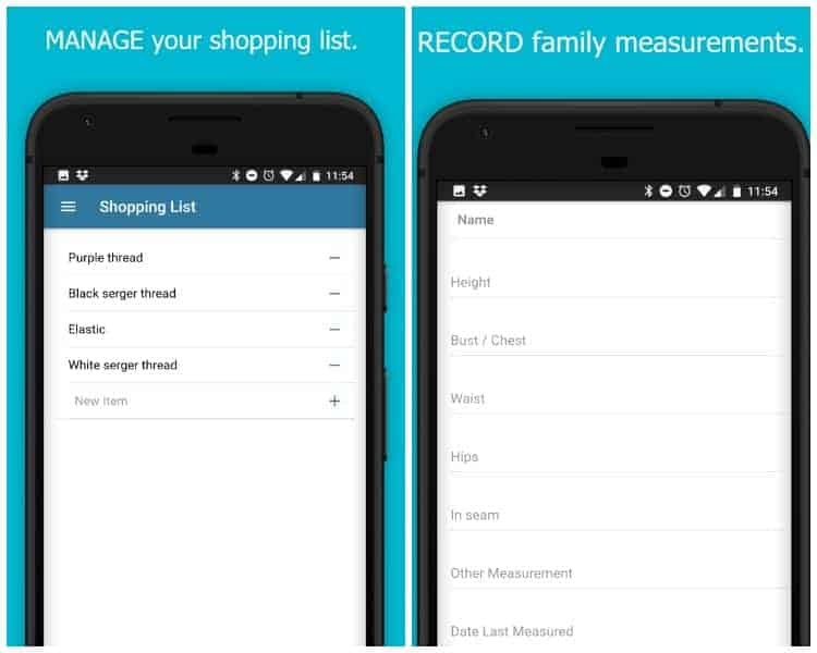 Track measurements for sewing and keep a sewing shopping list.