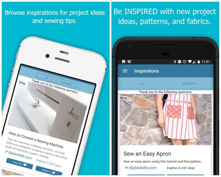 Inspirations section of the sewing app includes ideas for projects, fabrics, and patterns.