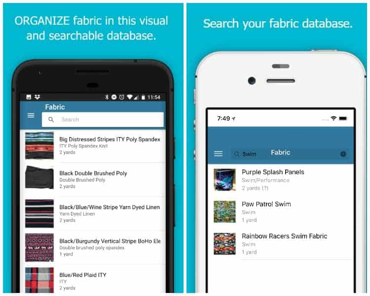 Screenshots of the organizing fabric feature in the Sew Organize phone app.