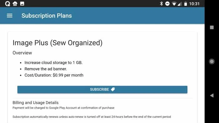 Sew Organized subscription. Screenshot of the screen to sign up.