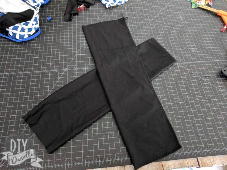 Straps for bathing suit sewn right sides together on one long and one short side.