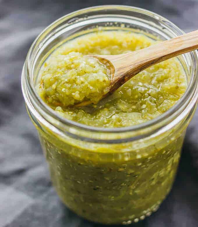 Salsa verde in a jar.