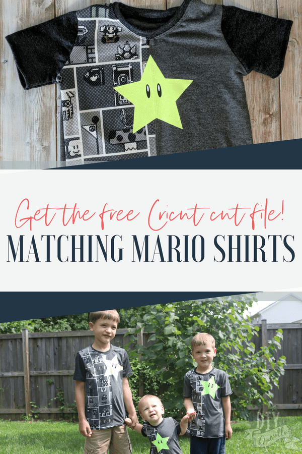 Matching Mario shirts using the Half Pipe sewing pattern and heat transfer vinyl. Get the free Cricut cut file for the Mario stars on diydanielle.com.