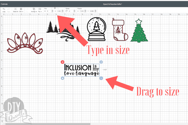 Resizing images in Cricut Design Space- you can either type the size at the top or drag to the correct size.