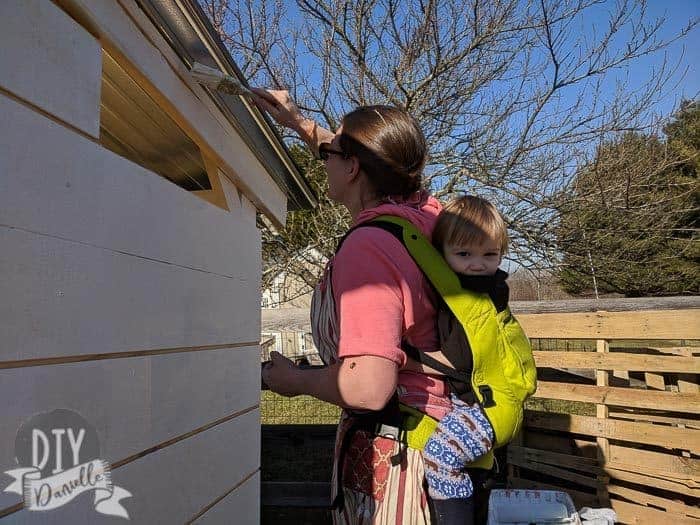 Priming the goat shed with the baby in a baby carrier on my back. And a bee tagging along on my arm. It's February so he's a bit early.