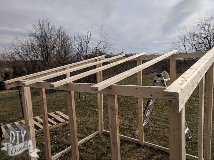 I did my 2x4s for the roofing coming down the shed... I recommend doing them across horizontally instead.