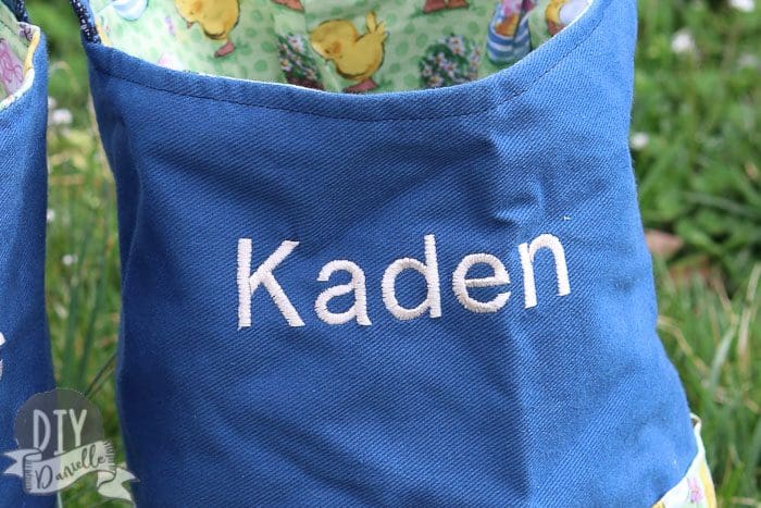 Name "Kaden" embroidered on an Easter basket.