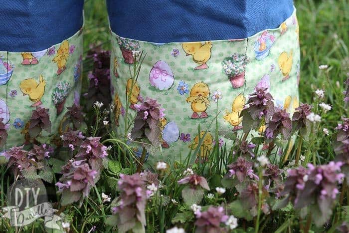 Details on the Easter Baskets: The Easter fabric with chicks and eggs and flowers on the front is perfect for the pockets that line the outside of the basket.