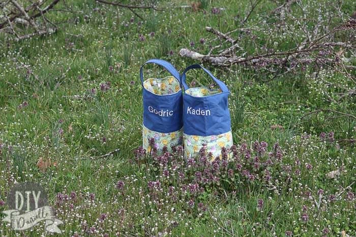 Tall Easter baskets that I embroidered and sewed for my two sons.