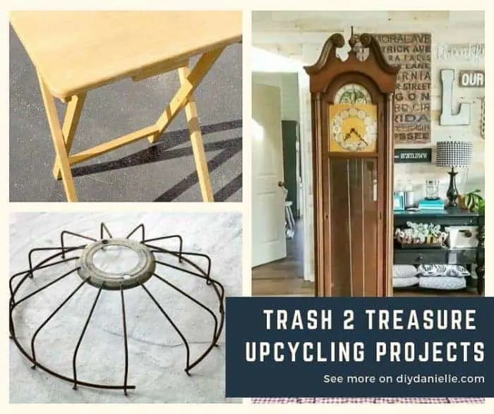 Trash 2 Treasure Upcycling Projects for your home. Pictured: Old tv tray, old fan, old clock.